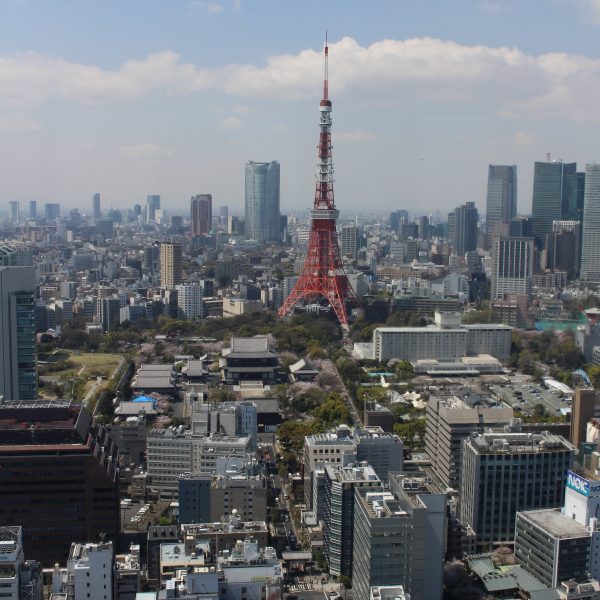 展望台から見た東京タワーと六本木の高層ビル街の写真